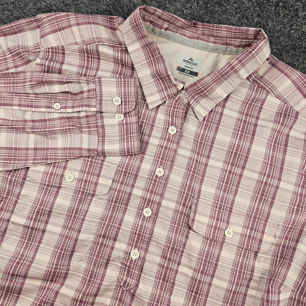 Ridgecut Toughwear Women's 2X Pink Plaid Long Sleeve Work Shirt Stretch XXL